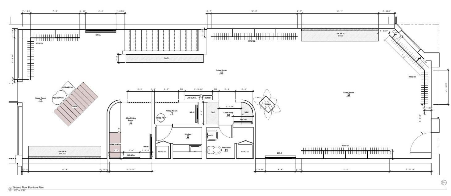 Ground floor furniture plan. Scale 1/2
